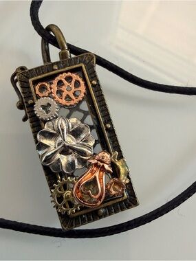 Mixed Metal Steampunk Flower Pendant Necklace - Women Jewelry